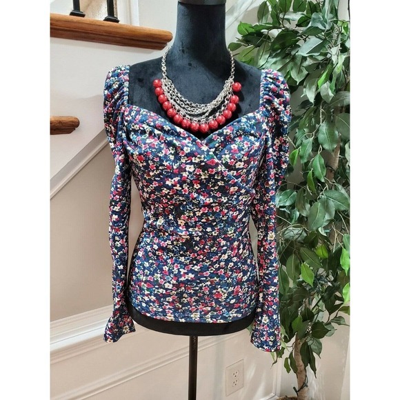 Shein Blue Floral Women's Polyester Long Sleeve Sweatheart Neck Casual Blouse - Picture 2 of 7